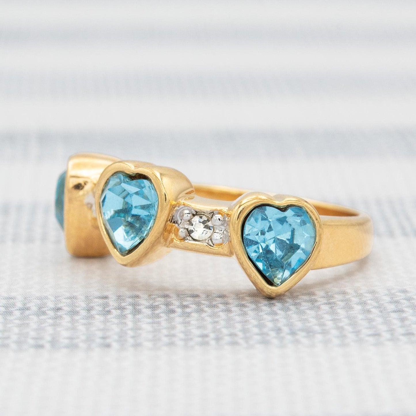 Vintage Triple Heart Aquamarine Austrian Crystal Ring - 18k Gold Electroplated jewelry image 1