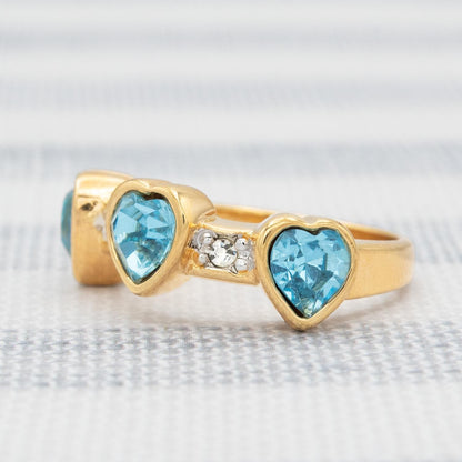 Vintage Triple Heart Aquamarine Austrian Crystal Ring - 18k Gold Electroplated jewelry image 1