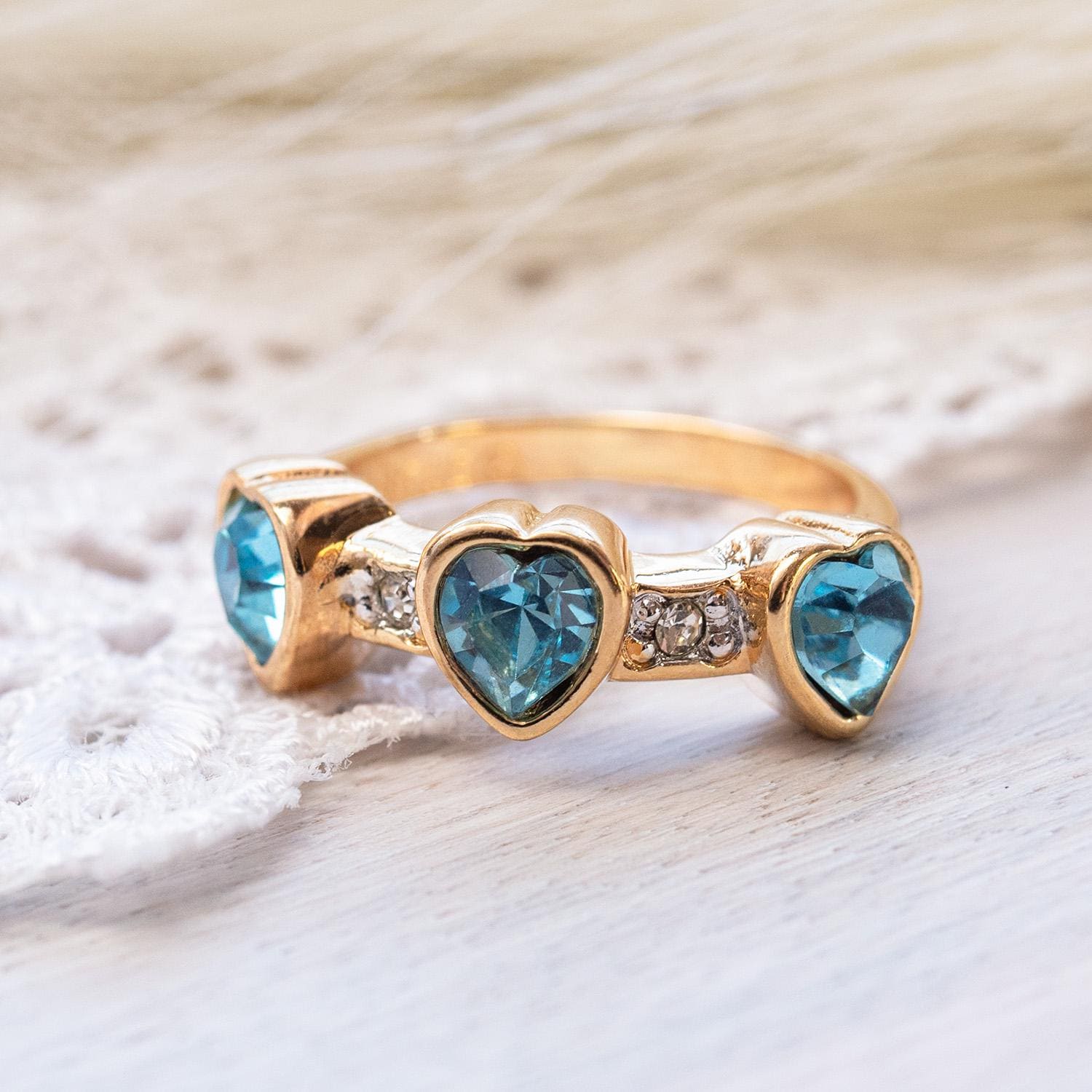 Vintage Triple Heart Aquamarine Austrian Crystal Ring - 18k Gold Electroplated jewelry image 1