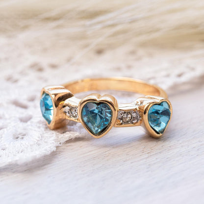Vintage Triple Heart Aquamarine Austrian Crystal Ring - 18k Gold Electroplated jewelry image 1