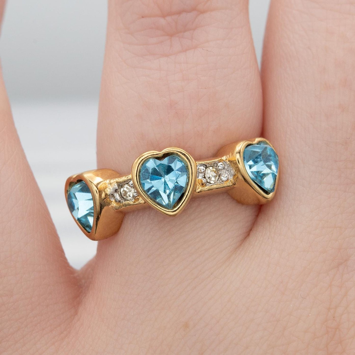 Vintage Triple Heart Aquamarine Austrian Crystal Ring - 18k Gold Electroplated jewelry image 1