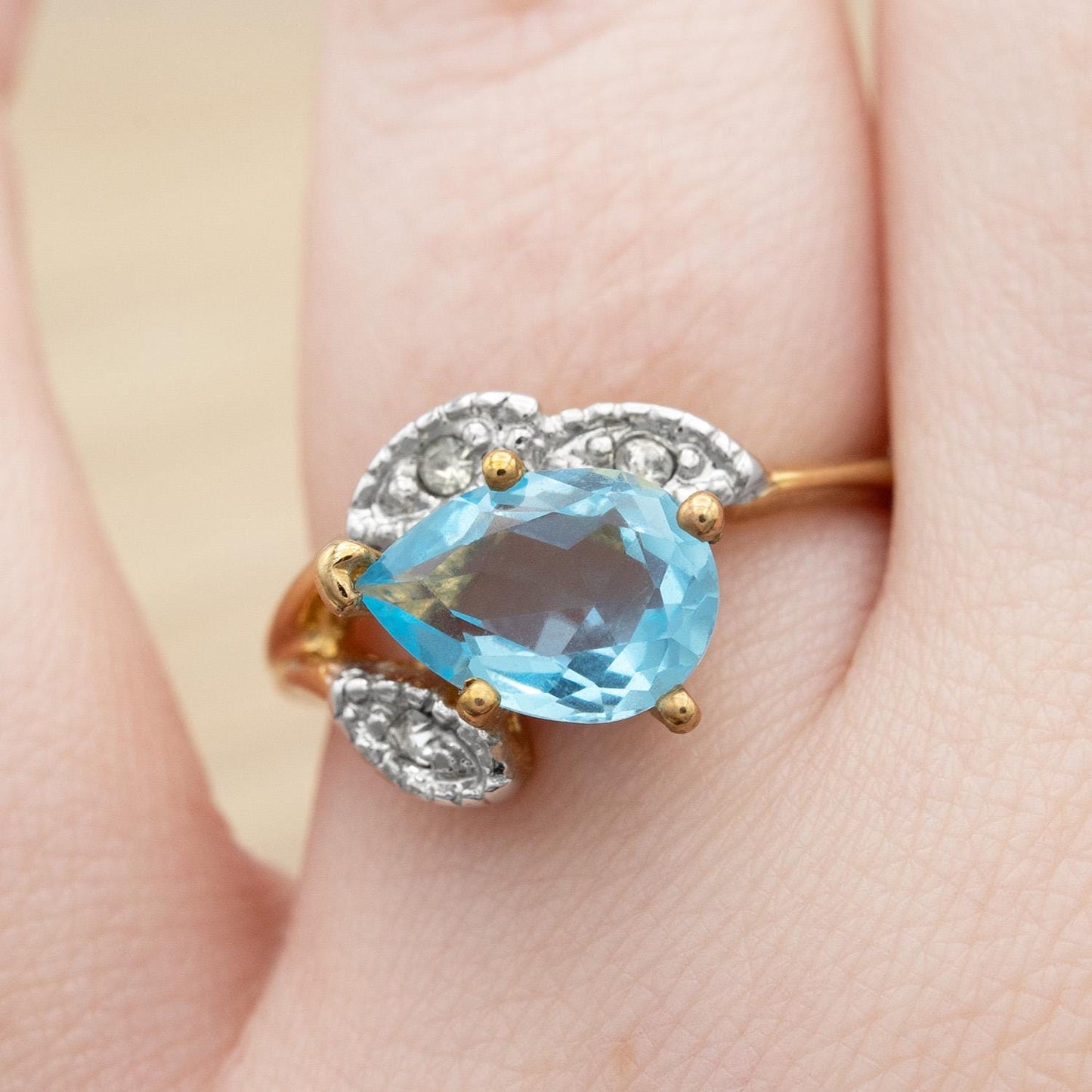 Vintage Aquamarine Austrian Crystal Pear Cut Ring – 18k Gold Electroplated with Clear Crystal Accents jewelry image 1
