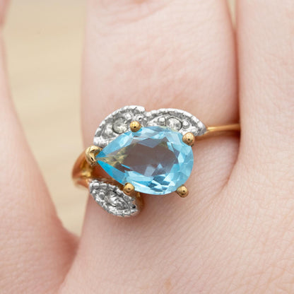 Vintage Aquamarine Austrian Crystal Pear Cut Ring – 18k Gold Electroplated with Clear Crystal Accents jewelry image 1
