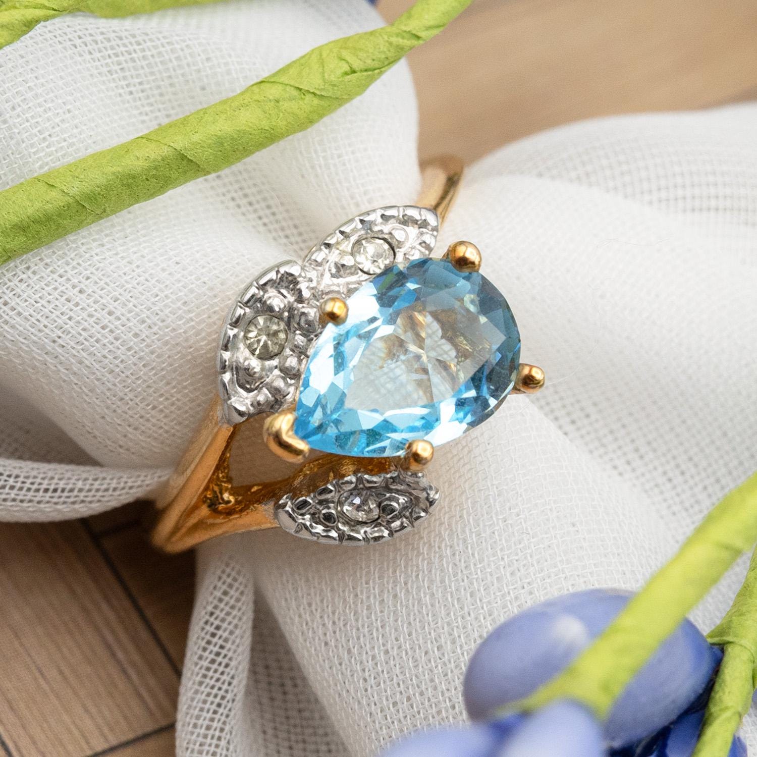 Vintage Aquamarine Austrian Crystal Pear Cut Ring – 18k Gold Electroplated with Clear Crystal Accents jewelry image 1