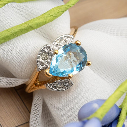 Vintage Aquamarine Austrian Crystal Pear Cut Ring – 18k Gold Electroplated with Clear Crystal Accents jewelry image 1