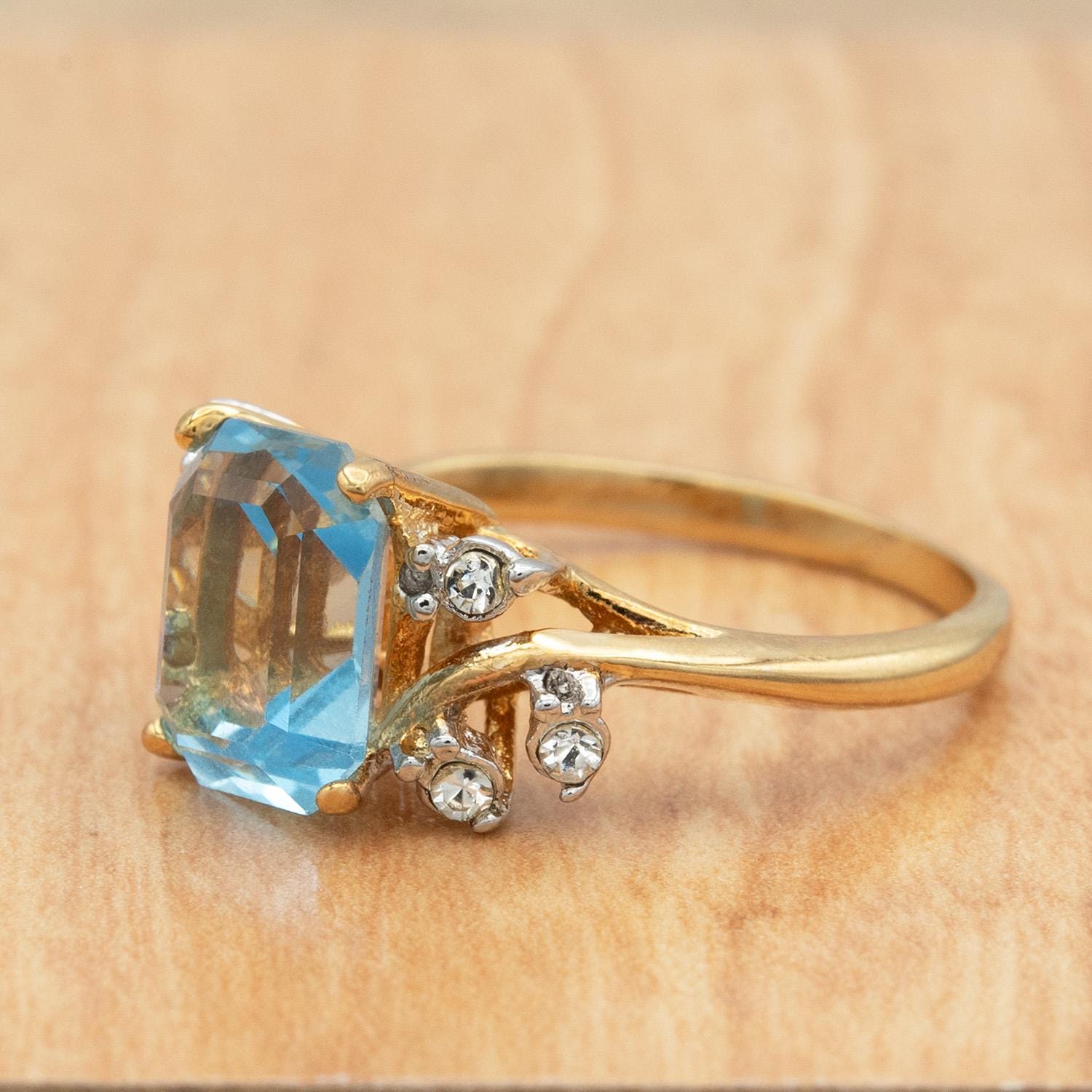 Vintage 1980s Aquamarine Austrian Crystal Ring - 18k Gold Electroplated with Clear Crystal Accents jewelry image 1