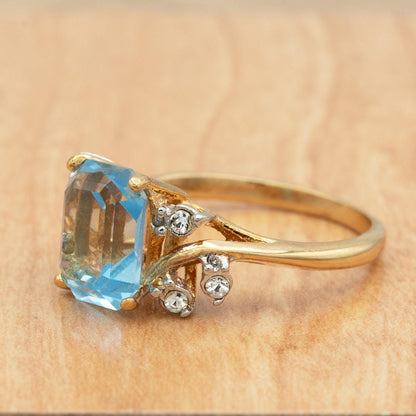 Vintage 1980s Aquamarine Austrian Crystal Ring - 18k Gold Electroplated with Clear Crystal Accents jewelry image 1