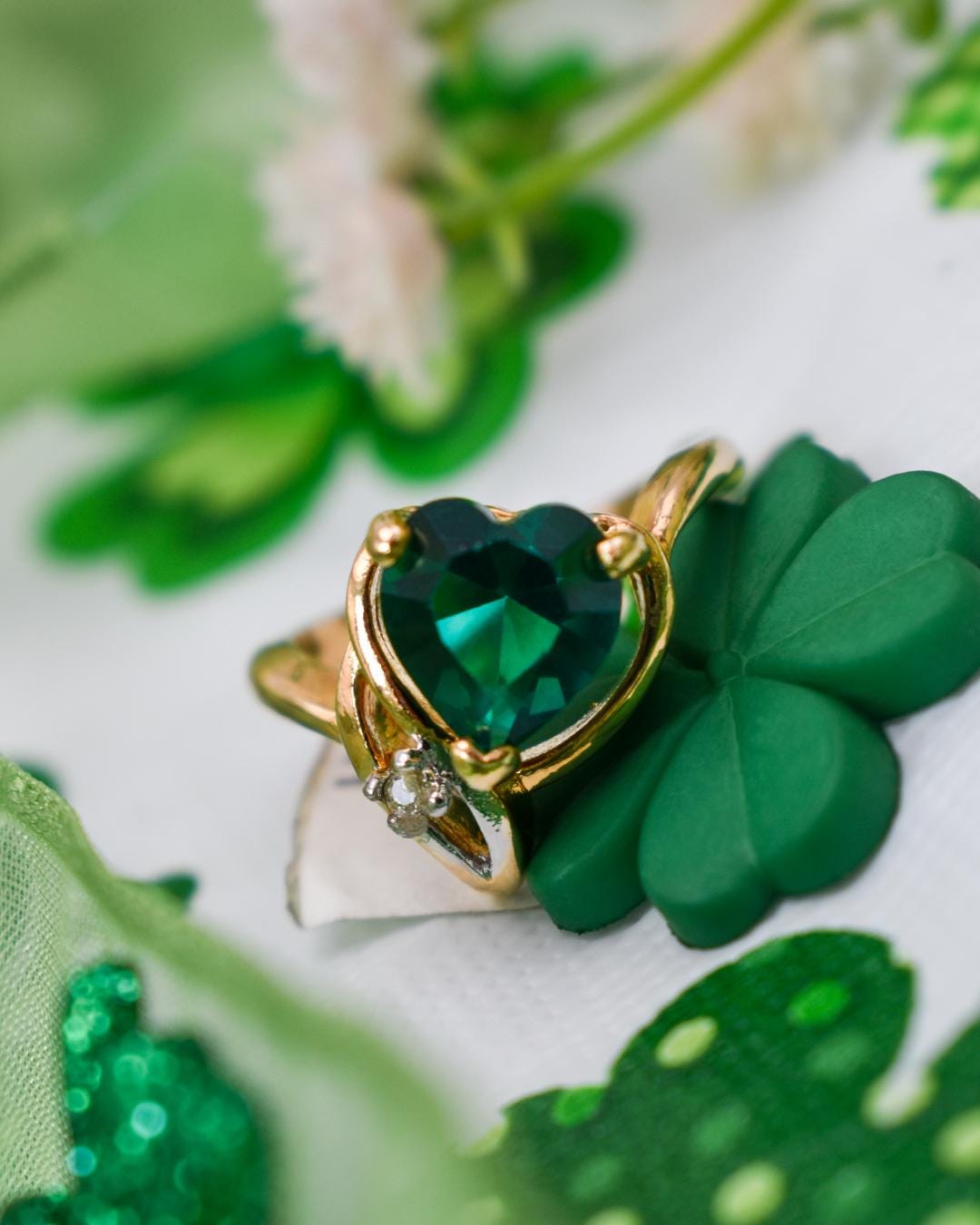 Vintage Emerald Austrian Crystal Heart Ring – 18kt Yellow Gold Electroplated – Made in USA jewelry image 1