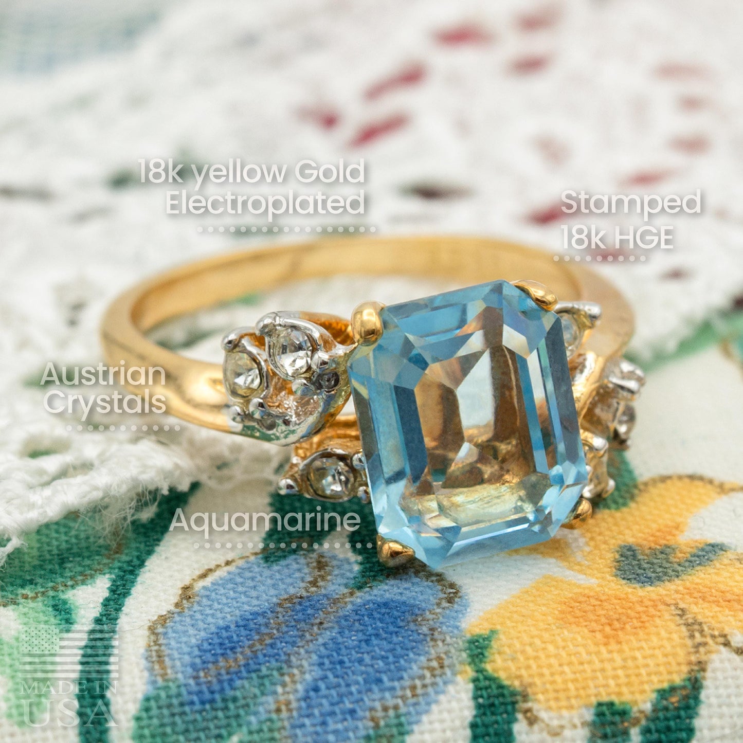 Vintage 1980s Aquamarine Austrian Crystal Ring - 18k Gold Electroplated with Clear Crystal Accents jewelry image 1