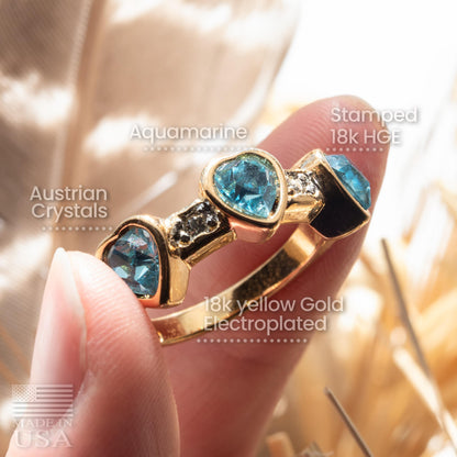 Vintage Triple Heart Aquamarine Austrian Crystal Ring - 18k Gold Electroplated jewelry image 1