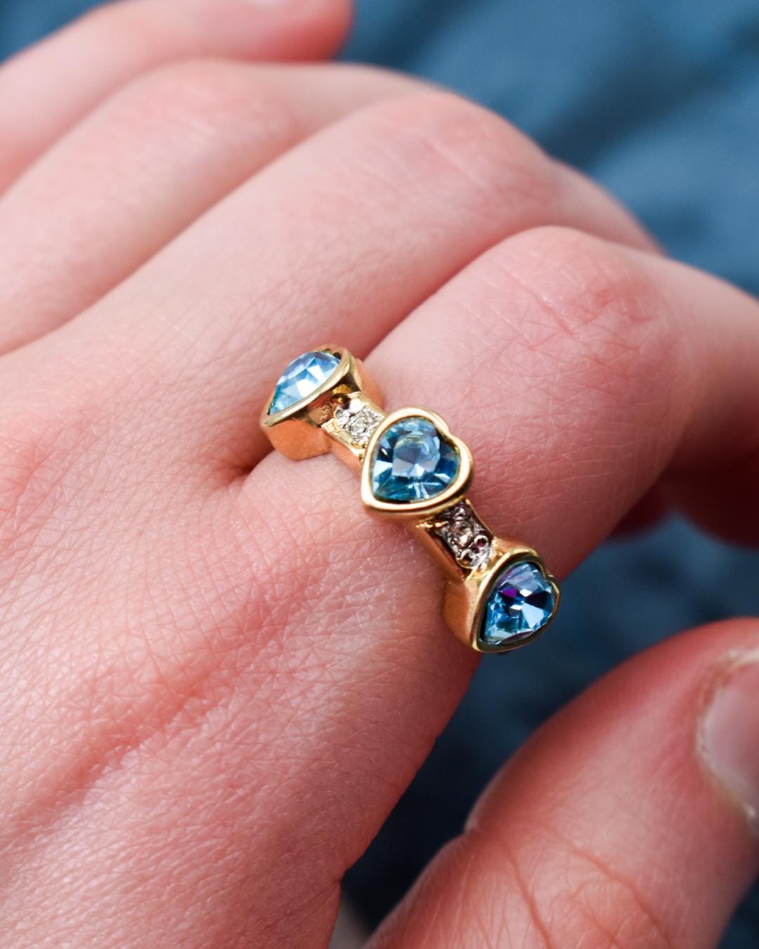 Vintage Triple Heart Aquamarine Austrian Crystal Ring - 18k Gold Electroplated jewelry image 1