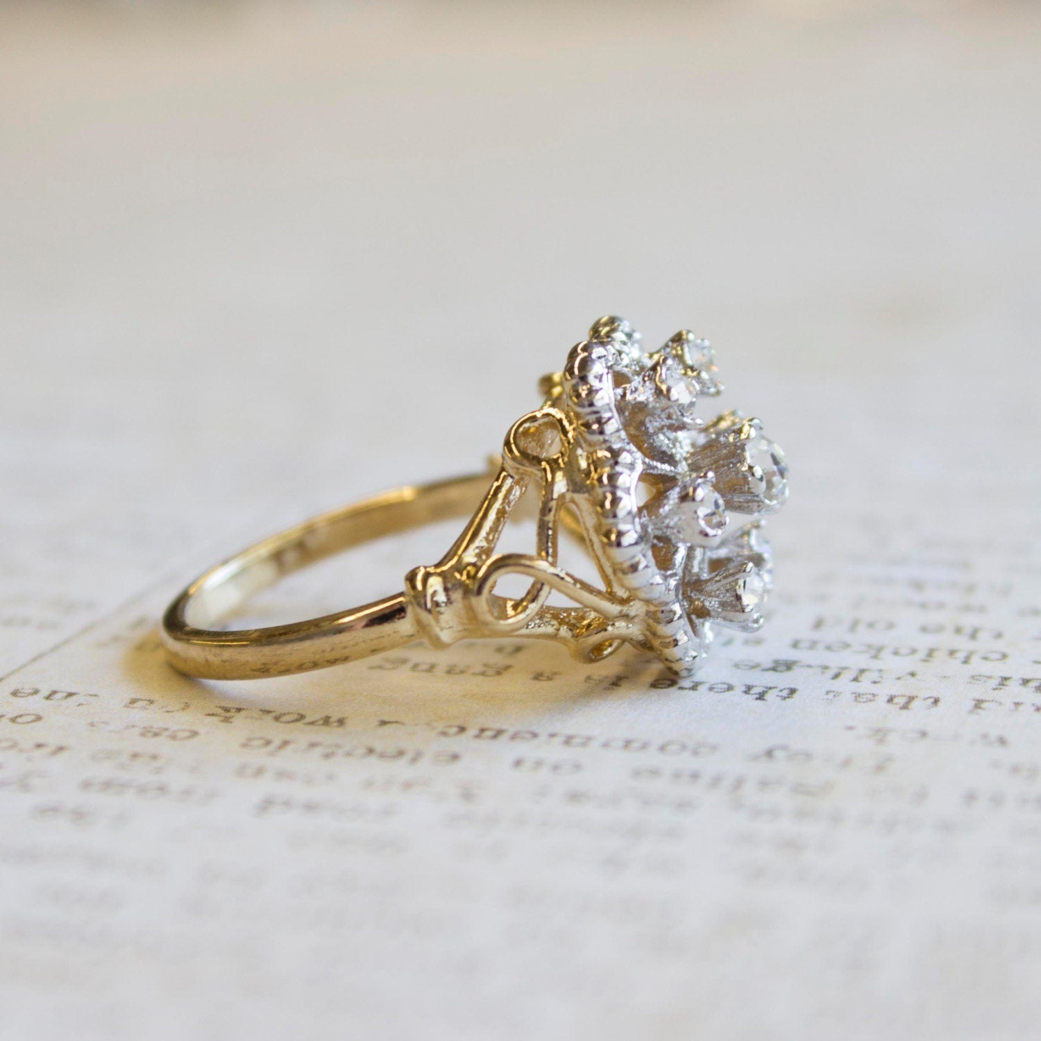 Vintage 1970s Edwardian Style Filigree Ring with Yellow Cubic Zirconia – 18k Gold Electroplated #R103 jewelry image 1
