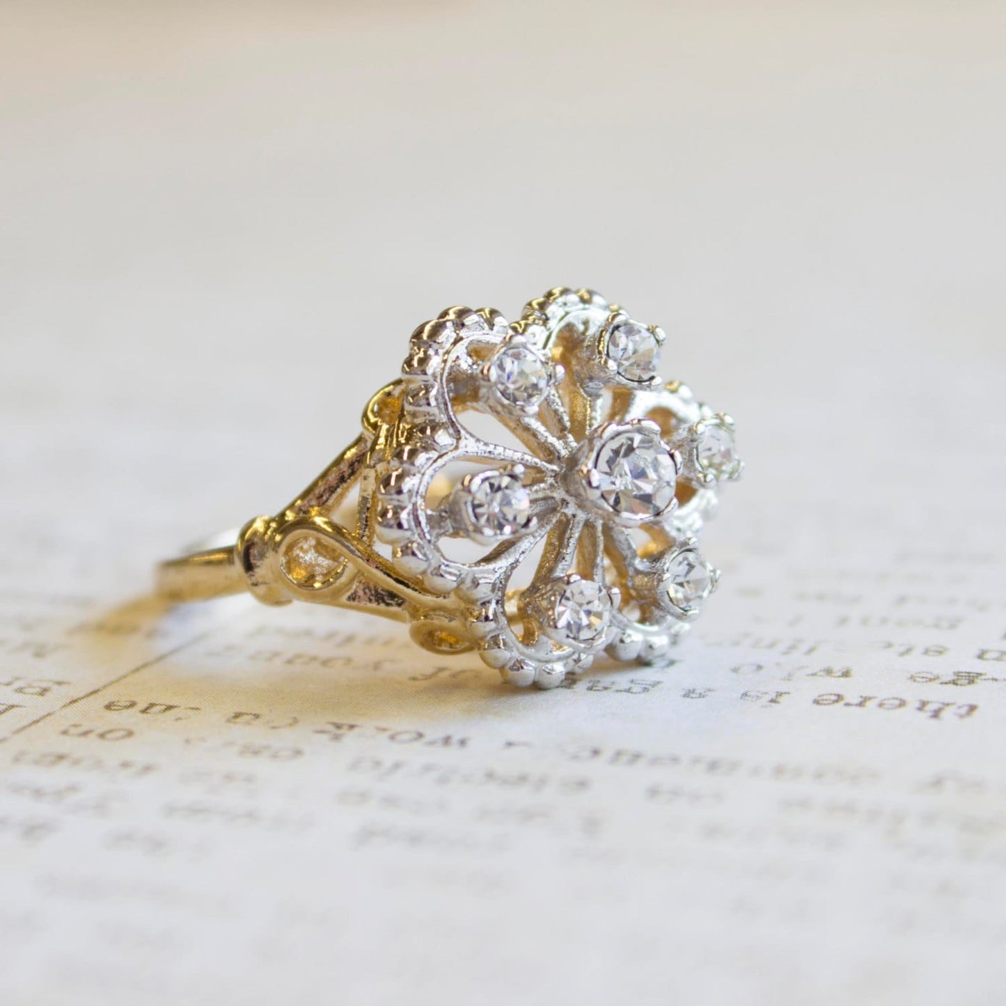 Vintage 1970s Edwardian Style Filigree Ring with Yellow Cubic Zirconia – 18k Gold Electroplated #R103 jewelry image 1