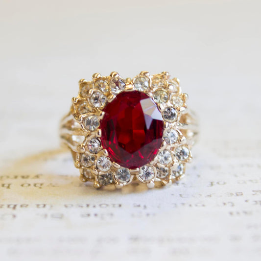 Vintage 1970s Ruby and Clear Austrian Crystal Victorian Style Ring - 18k Gold Electroplated jewelry image 1