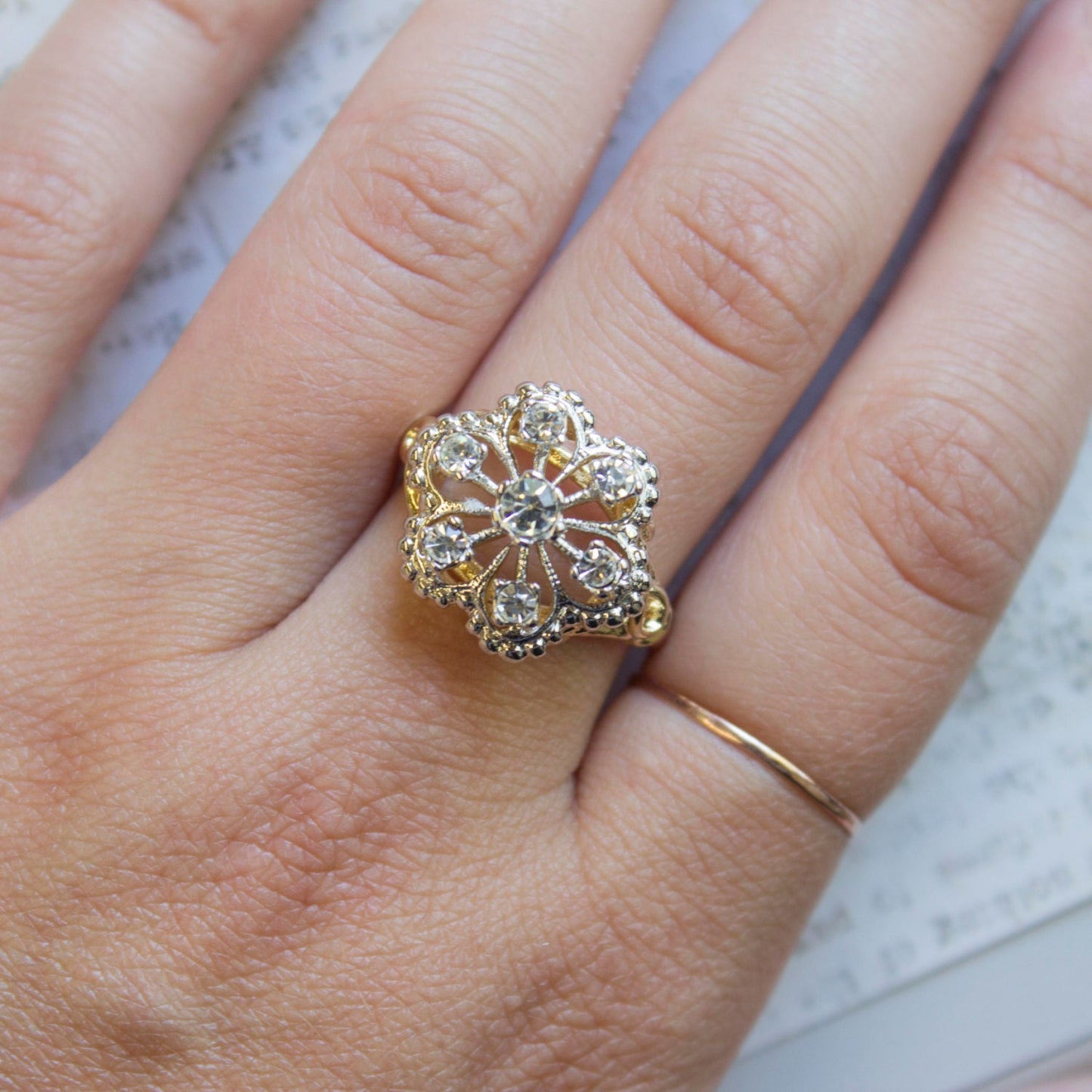 Vintage 1970s Edwardian Style Filigree Ring with Yellow Cubic Zirconia – 18k Gold Electroplated #R103 jewelry image 1