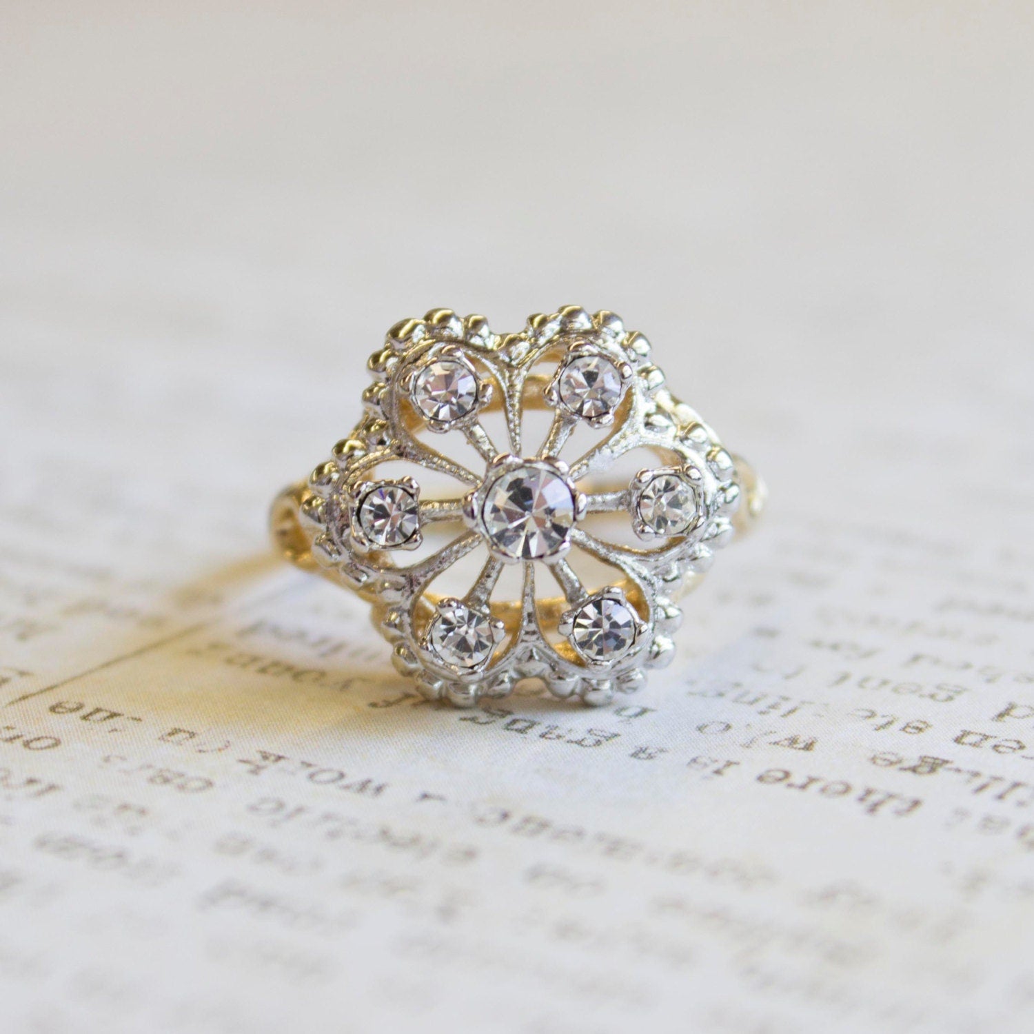 Vintage 1970s Edwardian Style Filigree Ring with Yellow Cubic Zirconia – 18k Gold Electroplated #R103 jewelry image 1
