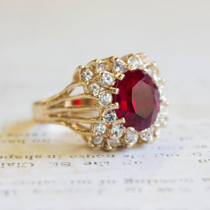 Vintage 1970s Ruby and Clear Austrian Crystal Victorian Style Ring - 18k Gold Electroplated jewelry image 1