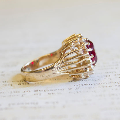 Vintage 1970s Ruby and Clear Austrian Crystal Victorian Style Ring - 18k Gold Electroplated jewelry image 1