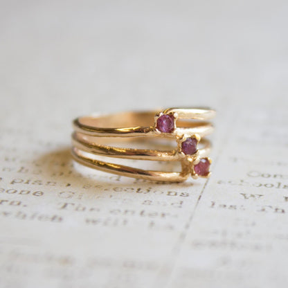 Vintage 1980s Genuine Ruby 18k Gold Electroplated Three-Stone Ring – Made in USA jewelry image 1
