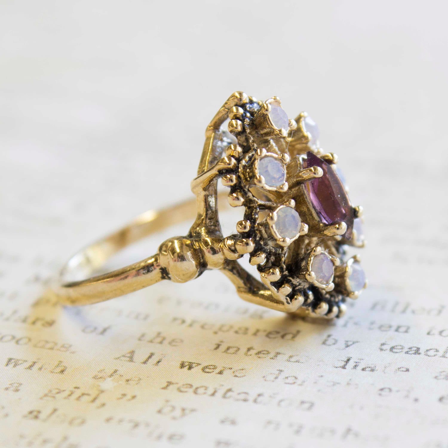 Vintage 1970s Filigree Ring with Amethyst Austrian Crystal and Pinfire Opals - 18k Gold Electroplated jewelry image 1