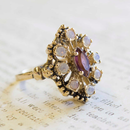 Vintage 1970s Filigree Ring with Amethyst Austrian Crystal and Pinfire Opals - 18k Gold Electroplated jewelry image 1
