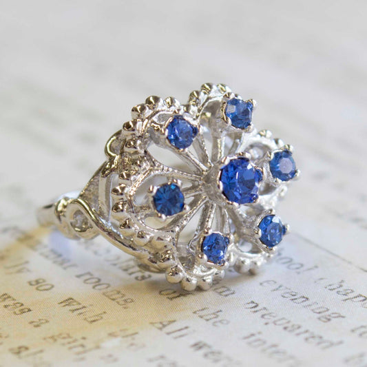 Vintage Edwardian Style Filigree Ring with Blue Tanzanite Austrian Crystals - 18k White Gold Electroplated jewelry image 1