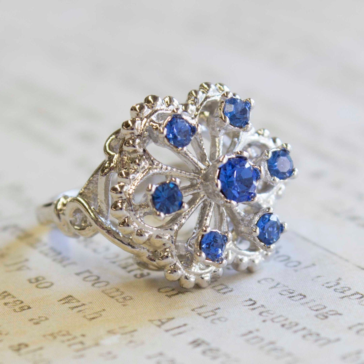 Vintage Edwardian Style Filigree Ring with Blue Tanzanite Austrian Crystals – 18k White Gold Electroplated, Made in USA jewelry image 1