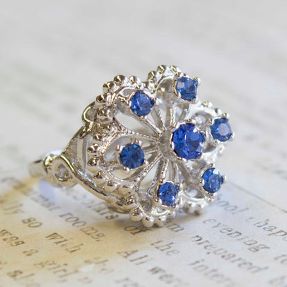 Vintage Edwardian Style Filigree Ring with Blue Tanzanite Austrian Crystals – 18k White Gold Electroplated, Made in USA jewelry image 1