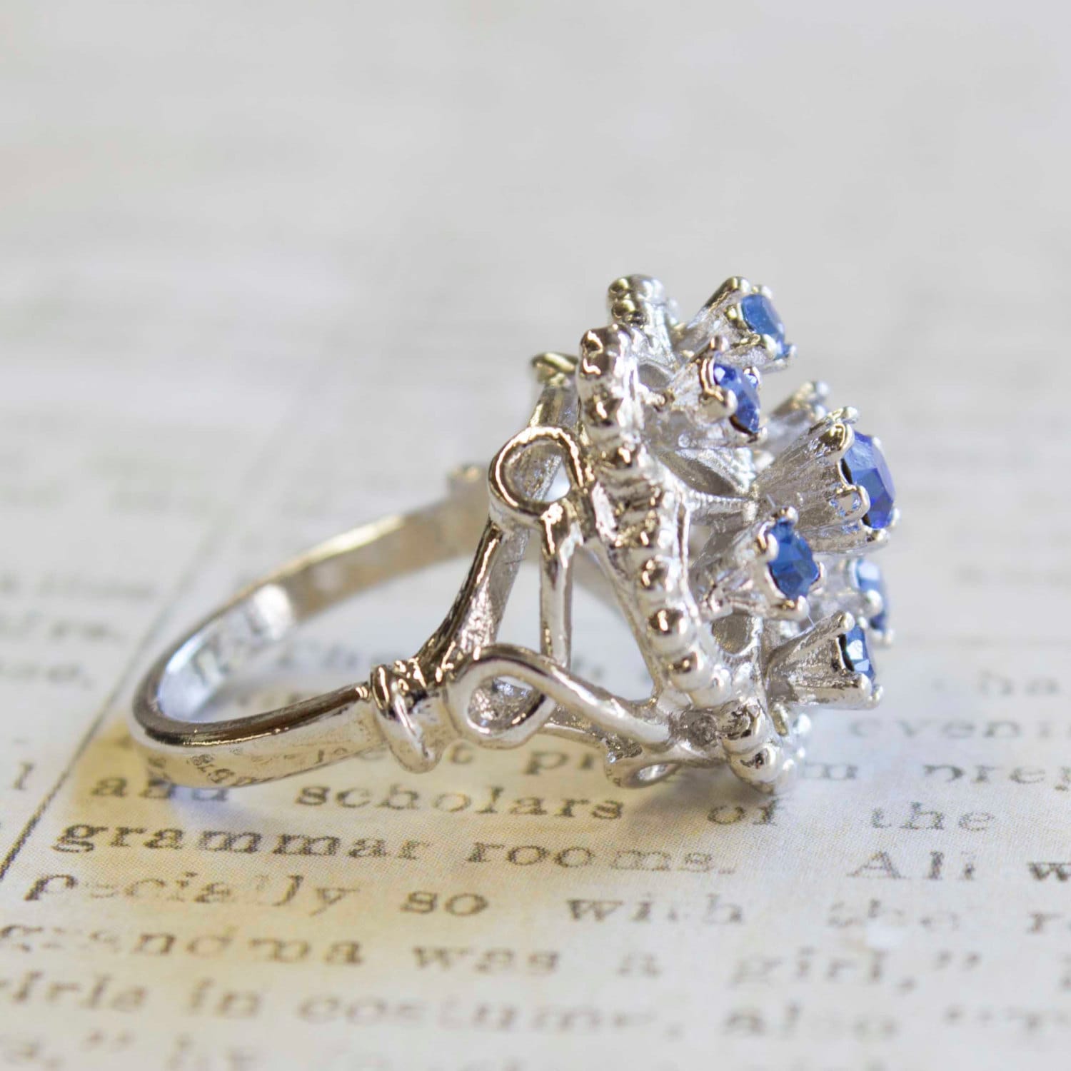 Vintage Edwardian Style Filigree Ring with Blue Tanzanite Austrian Crystals – 18k White Gold Electroplated, Made in USA jewelry image 1