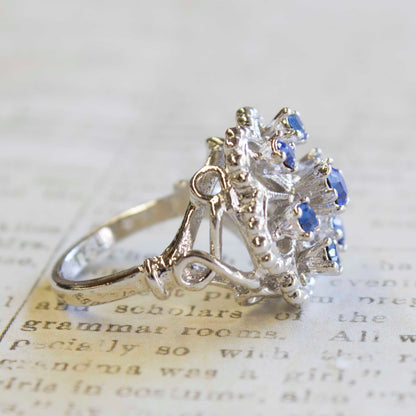 Vintage Edwardian Style Filigree Ring with Blue Tanzanite Austrian Crystals – 18k White Gold Electroplated, Made in USA jewelry image 1
