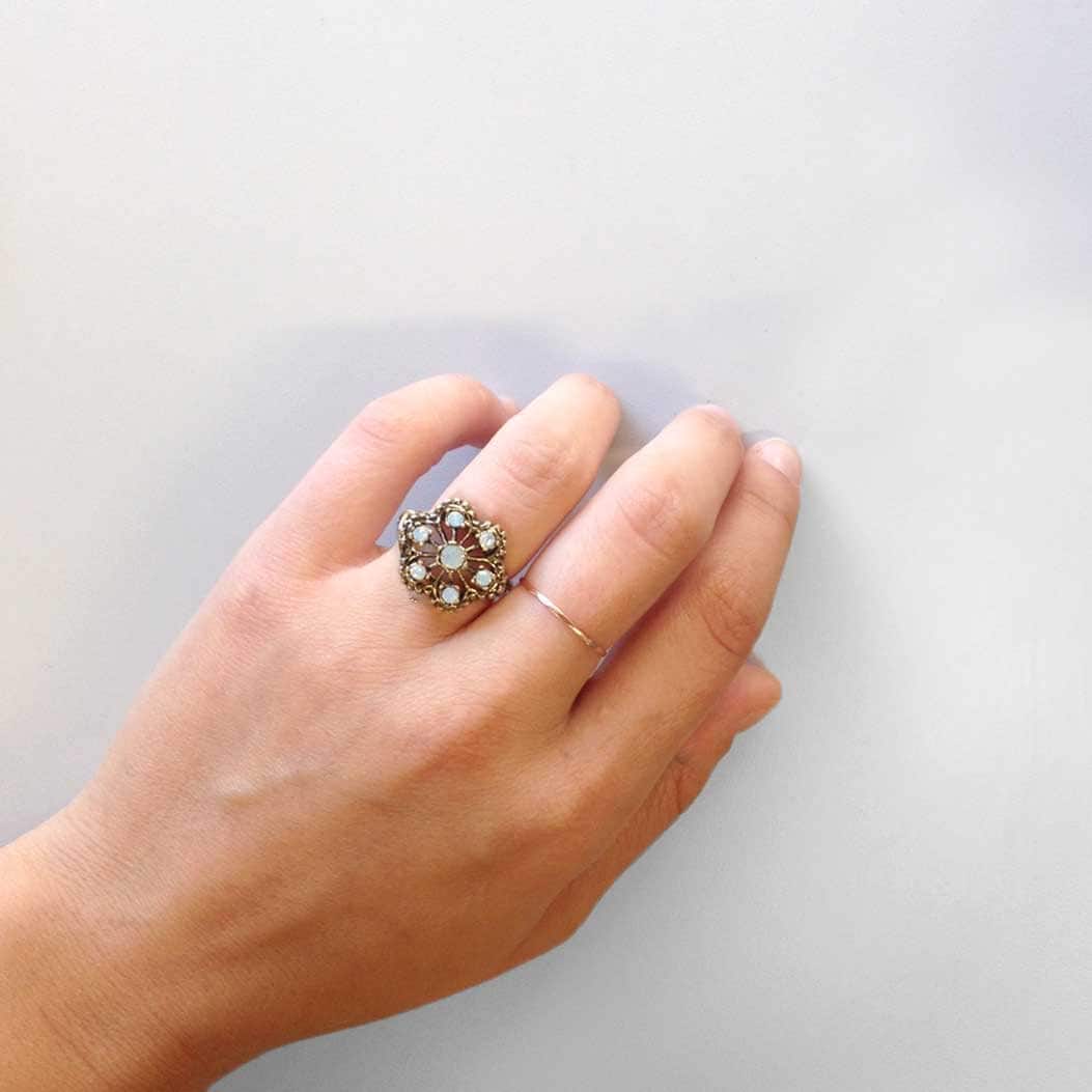 Vintage 1970s Filigree Ring with Pinfire Opals - 18k Gold Electroplated - Made in USA jewelry image 1