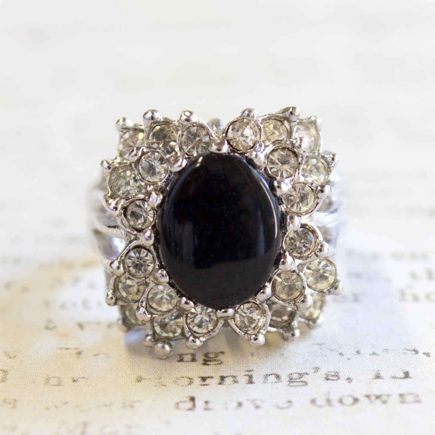 Vintage Genuine Onyx Ring with Clear Austrian Crystals – 18k White Gold Plated – Made in USA jewelry image 1