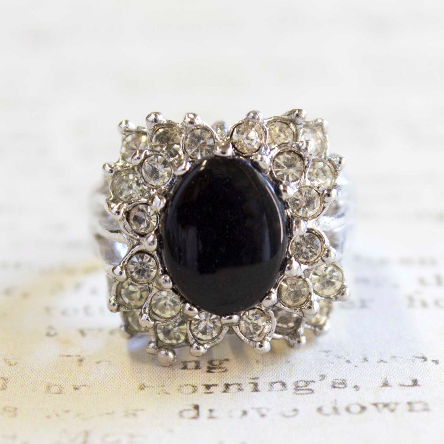Vintage Genuine Onyx Ring with Clear Austrian Crystals – 18k White Gold Plated – Made in USA jewelry image 1