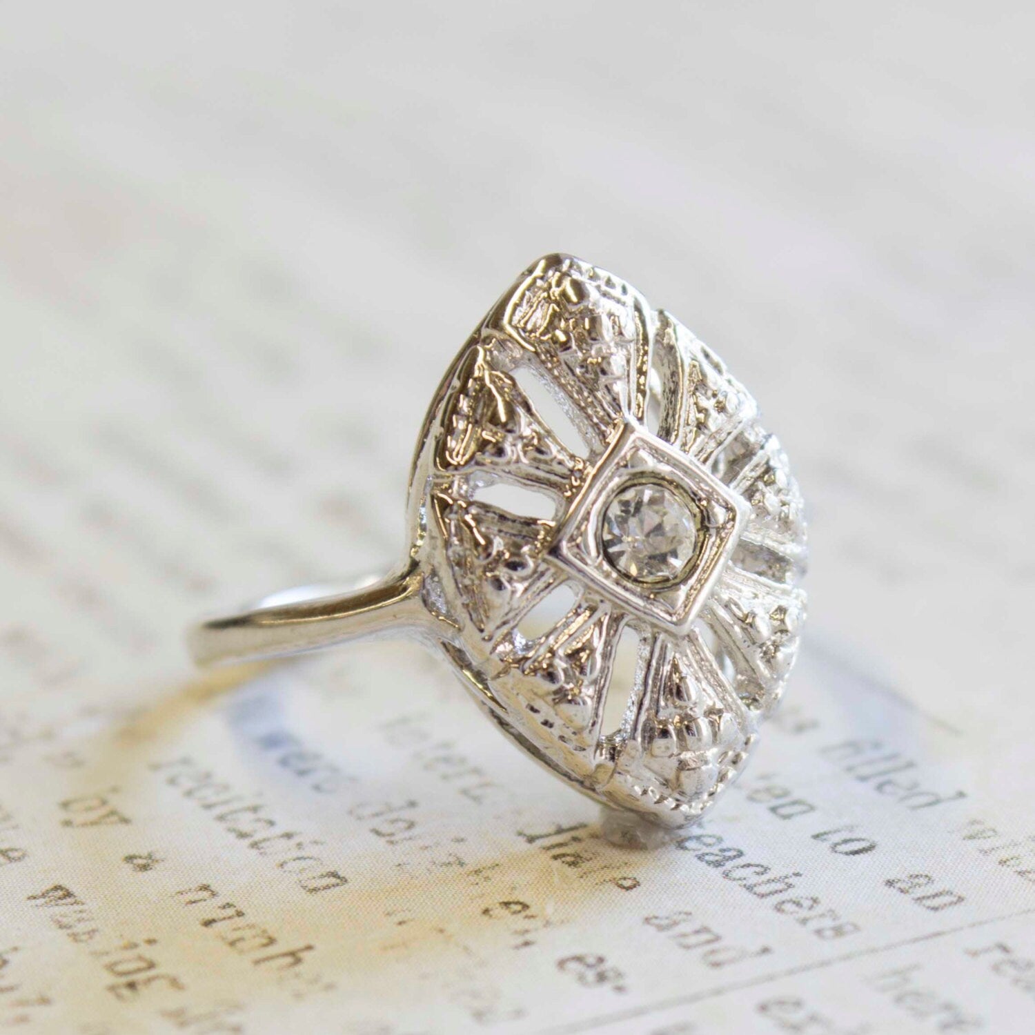 Vintage Austrian Crystal Cocktail Ring in 18kt White Gold Electroplate - Victorian Filigree Design jewelry image 1