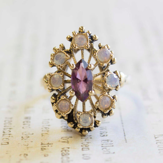 Vintage 1970s Filigree Ring with Amethyst Austrian Crystal and Pinfire Opals - 18k Gold Electroplated jewelry image 1