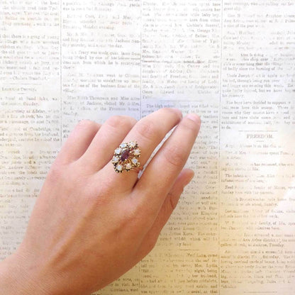 Vintage 1970s Filigree Ring with Amethyst Austrian Crystal and Pinfire Opals - 18k Gold Electroplated jewelry image 1