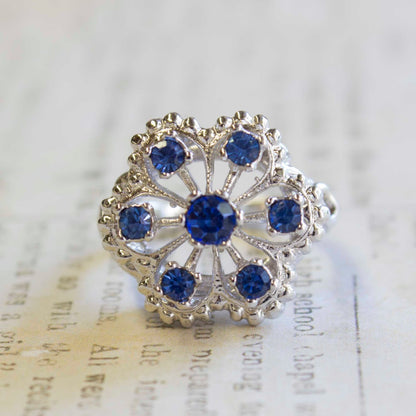 Vintage Edwardian Style Filigree Ring with Blue Tanzanite Austrian Crystals – 18k White Gold Electroplated, Made in USA jewelry image 1