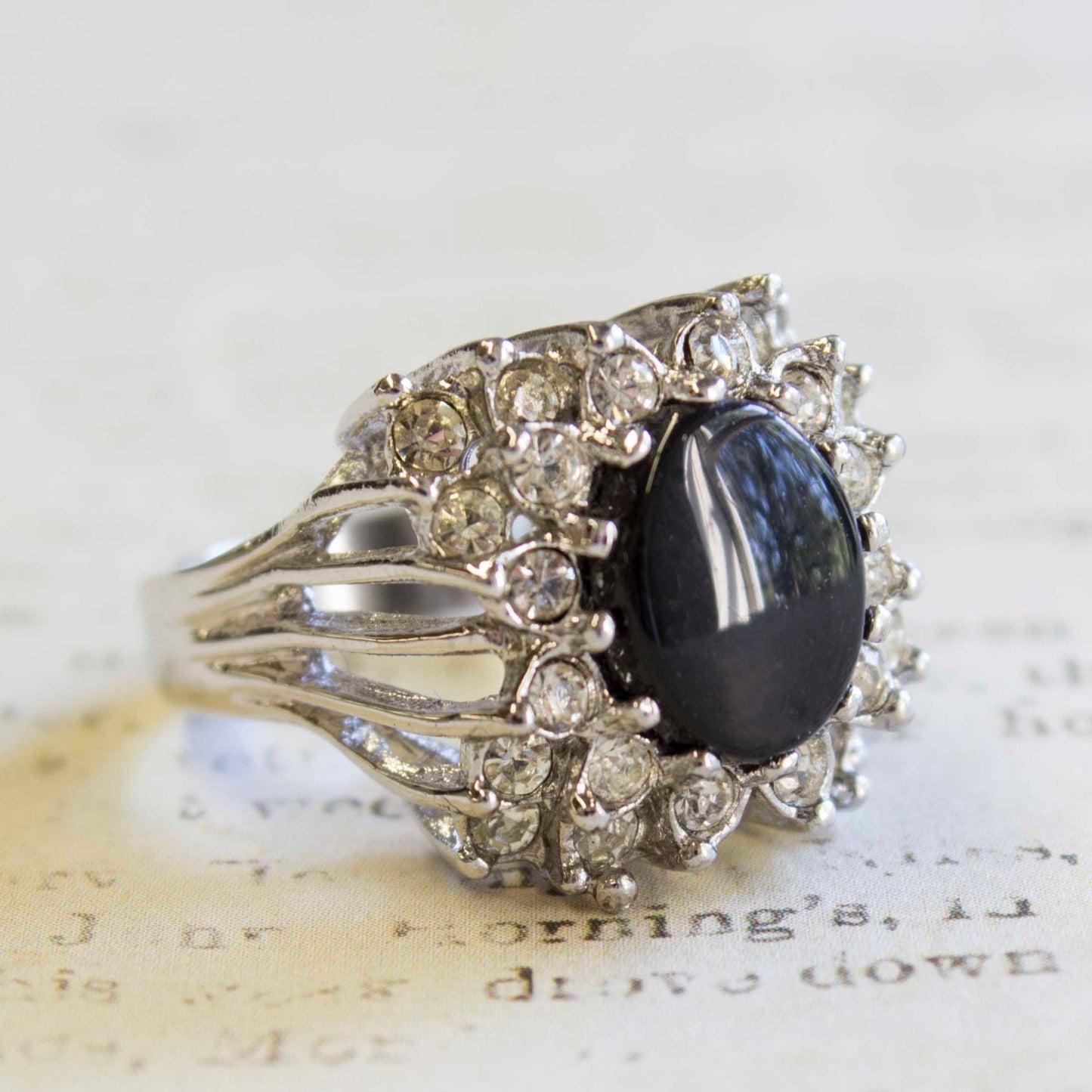 Vintage Genuine Onyx Ring with Clear Austrian Crystals – 18k White Gold Plated – Made in USA jewelry image 1