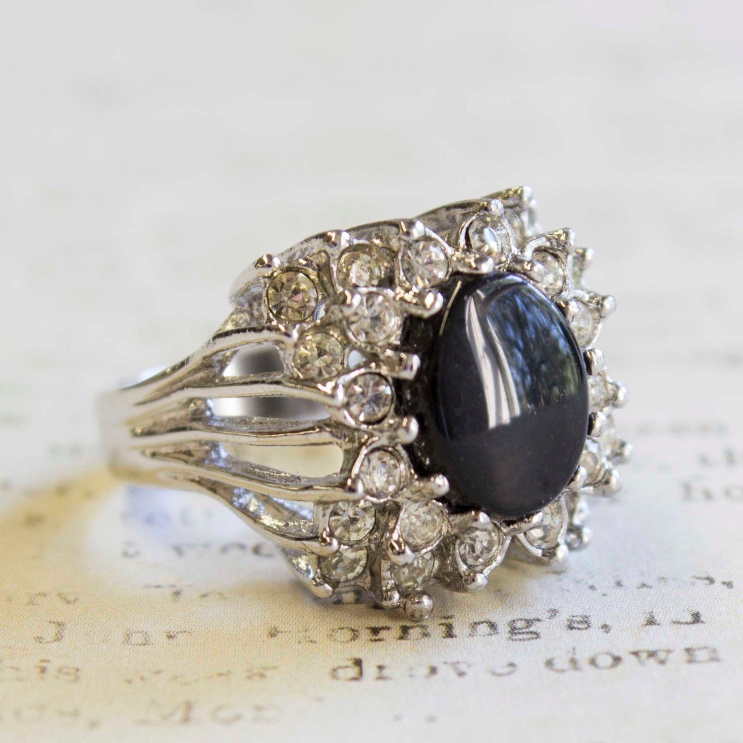 Vintage Genuine Onyx Ring with Clear Austrian Crystals – 18k White Gold Plated – Made in USA jewelry image 1