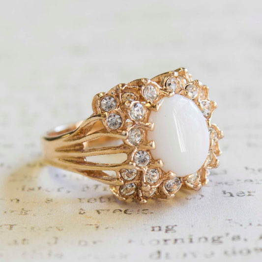 Vintage Genuine Opal & Clear Austrian Crystal 18k Gold Electroplated Victorian Style Ring jewelry image 1