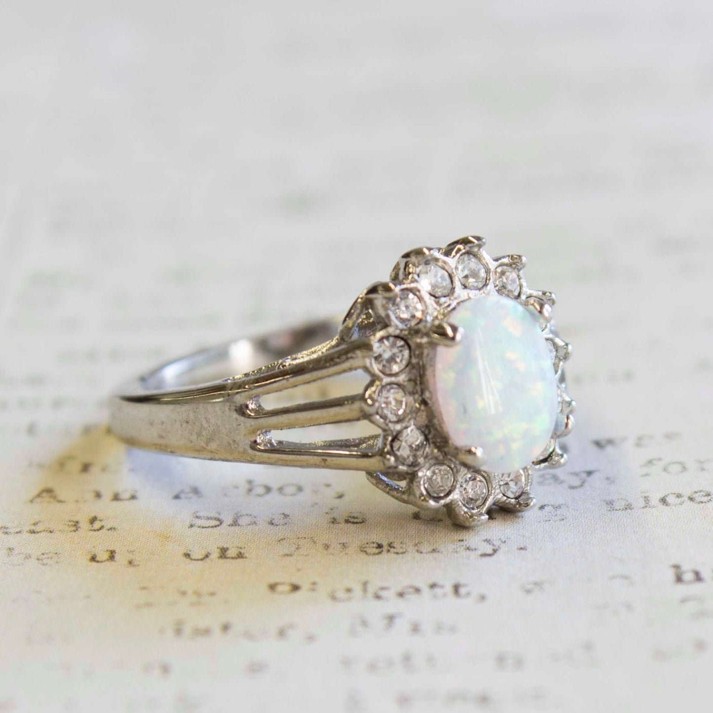 Vintage 1970s Faux Capris Opal and Austrian Crystal 18k White Gold Electroplated Halo Ring jewelry image 1