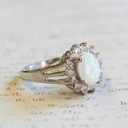 Vintage 1970s Faux Capris Opal and Austrian Crystal 18k White Gold Electroplated Halo Ring jewelry image 1