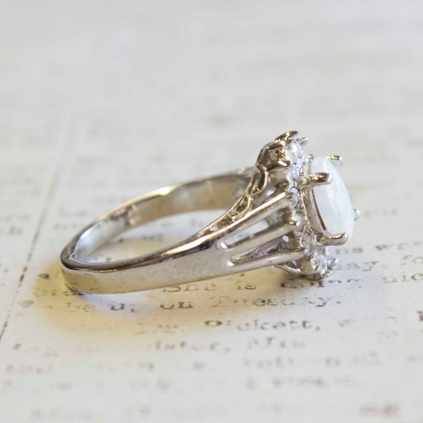 Vintage 1970s Faux Capris Opal and Austrian Crystal 18k White Gold Electroplated Halo Ring jewelry image 1