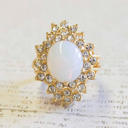 Vintage Pinfire Opal Ring with Clear Austrian Crystals - 18k Yellow Gold Electroplated jewelry image 1