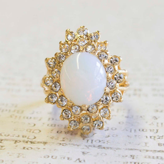 Vintage Pinfire Opal Ring with Clear Austrian Crystals - 18k Yellow Gold Electroplated jewelry image 1