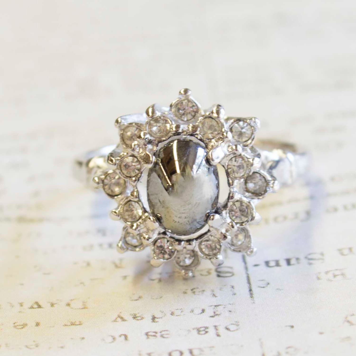 Vintage 1970s Glass Hematite and Austrian Crystal Cocktail Ring – 18k White Gold Electroplated – Made in USA jewelry image 1