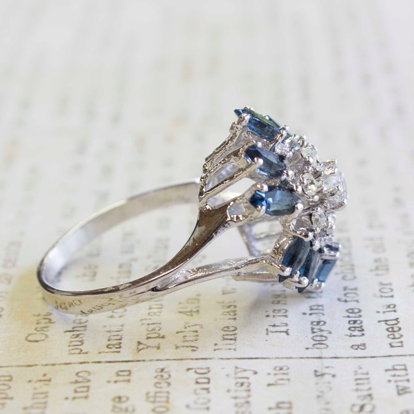 Vintage 1970s Sapphire and Clear Austrian Crystal Cluster Ring - 18k White Gold Electroplated jewelry image 1