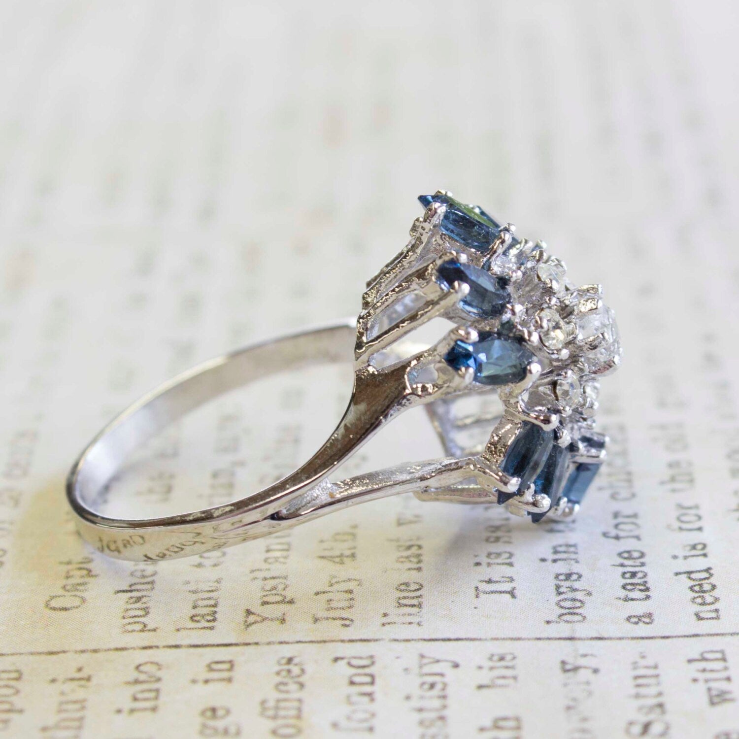 Vintage 1970s Sapphire and Clear Austrian Crystal Cluster Ring - 18k White Gold Electroplated jewelry image 1
