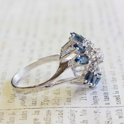 Vintage 1970s Sapphire and Clear Austrian Crystal Cluster Ring - 18k White Gold Electroplated jewelry image 1