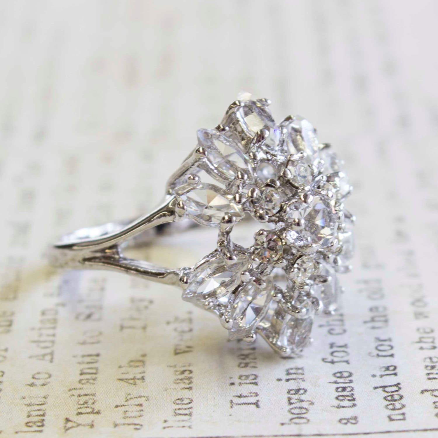 Vintage 1970s Cubic Zirconia Cluster Ring with Clear Austrian Crystals – 18k White Gold Electroplated jewelry image 1